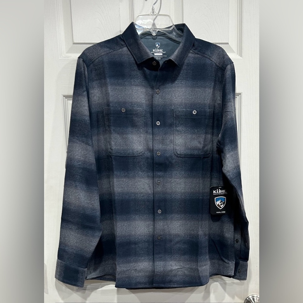 Kuhl Men's Medium Law Flannel Steel Blue NWT Cotton Tencel Bland Plaid